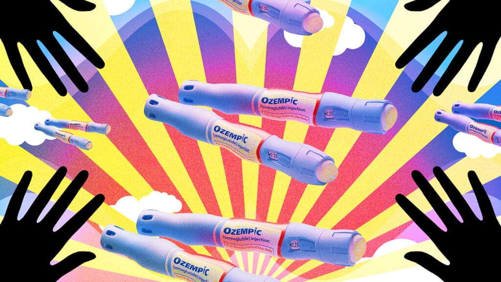 Színes háttér előtt lebegő Ozempic injekciós tollak illusztrációja