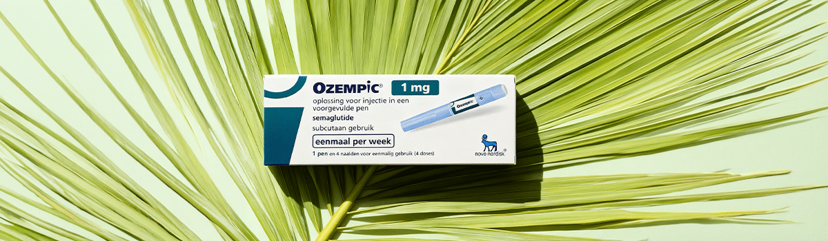 Ozempic injekció 1 mg doboz pálmalevélen elhelyezve, szemaglutid készítmény