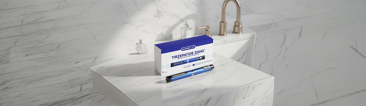 Tirzepatide 20 mg toll termék csomagolással és injekciós tollal modern környezetben